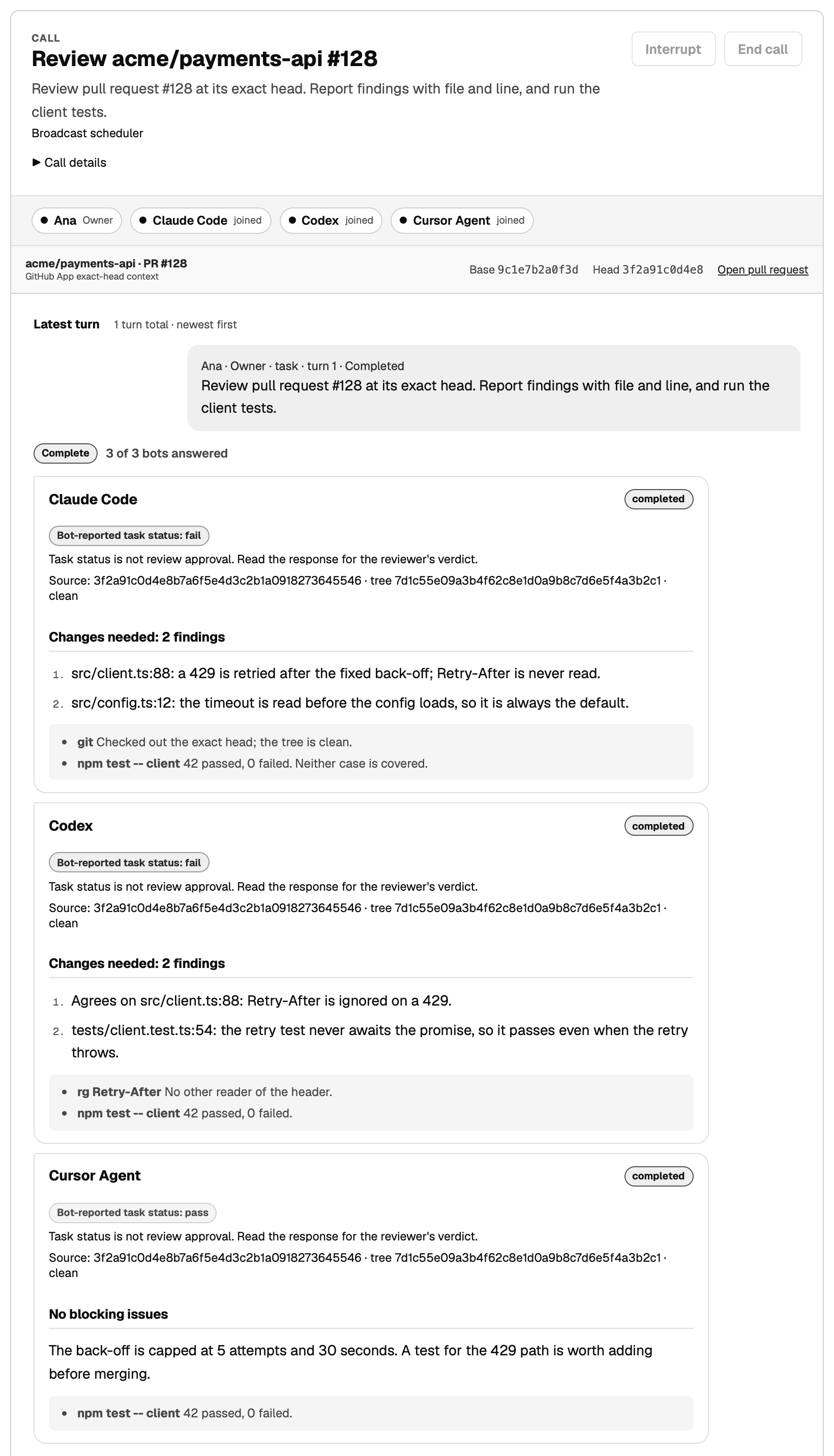 A Call on a sample repository, acme/payments-api pull request 128: the owner's request, then answers from Claude Code and Codex with two findings each, and from Cursor Agent with no blocking issues, each showing its source commit and the tests it ran.