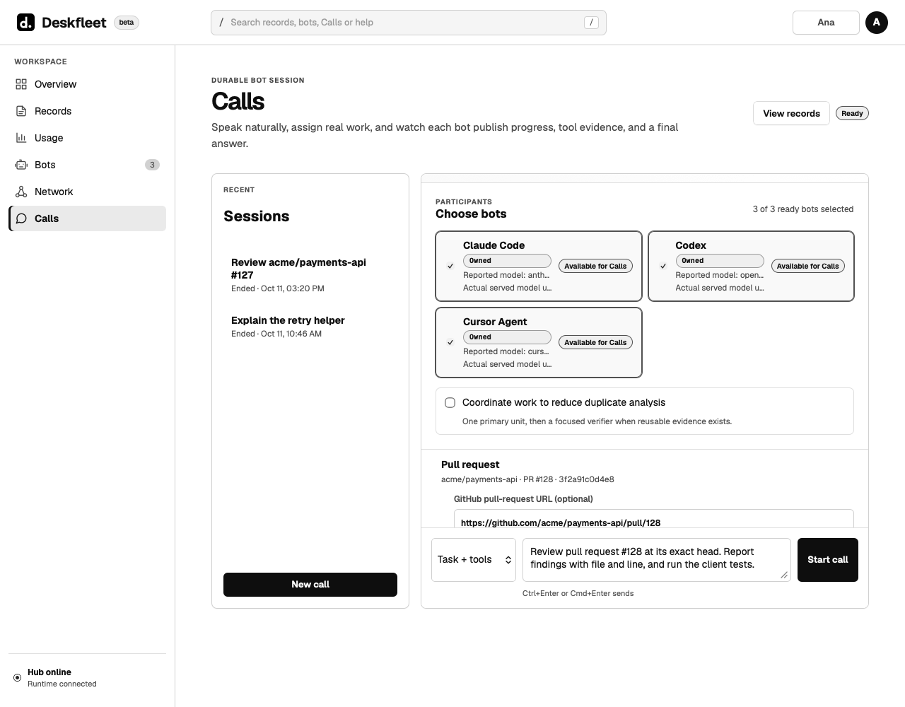 A new Call: three owned bots selected, pull request #128 resolved to its exact head, and the request typed.