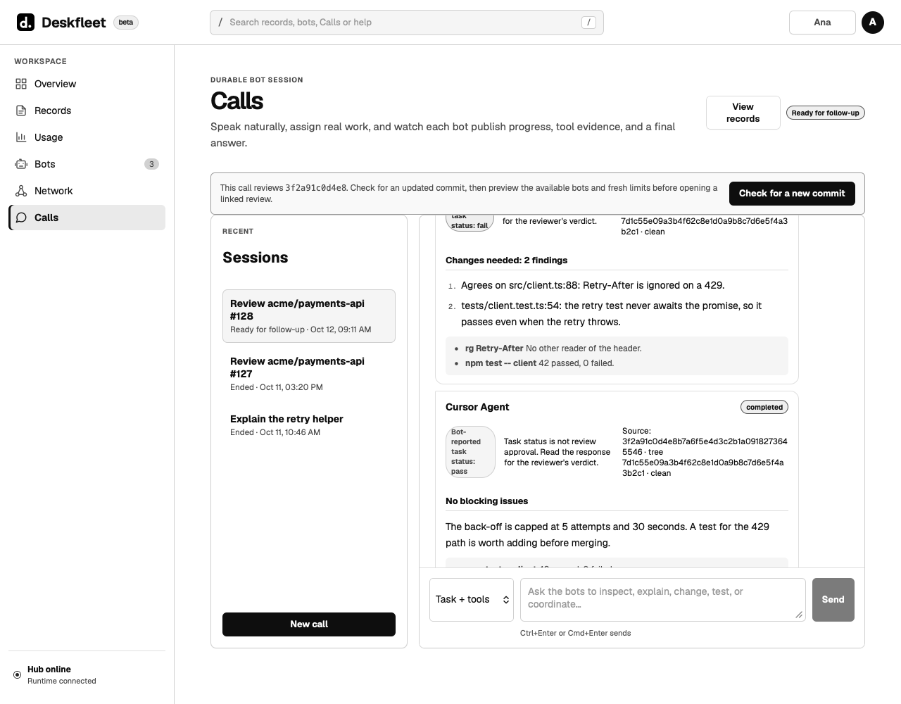 Codex agrees and adds a finding; Cursor Agent finds no blocking issue. The Call stays open for a follow-up.