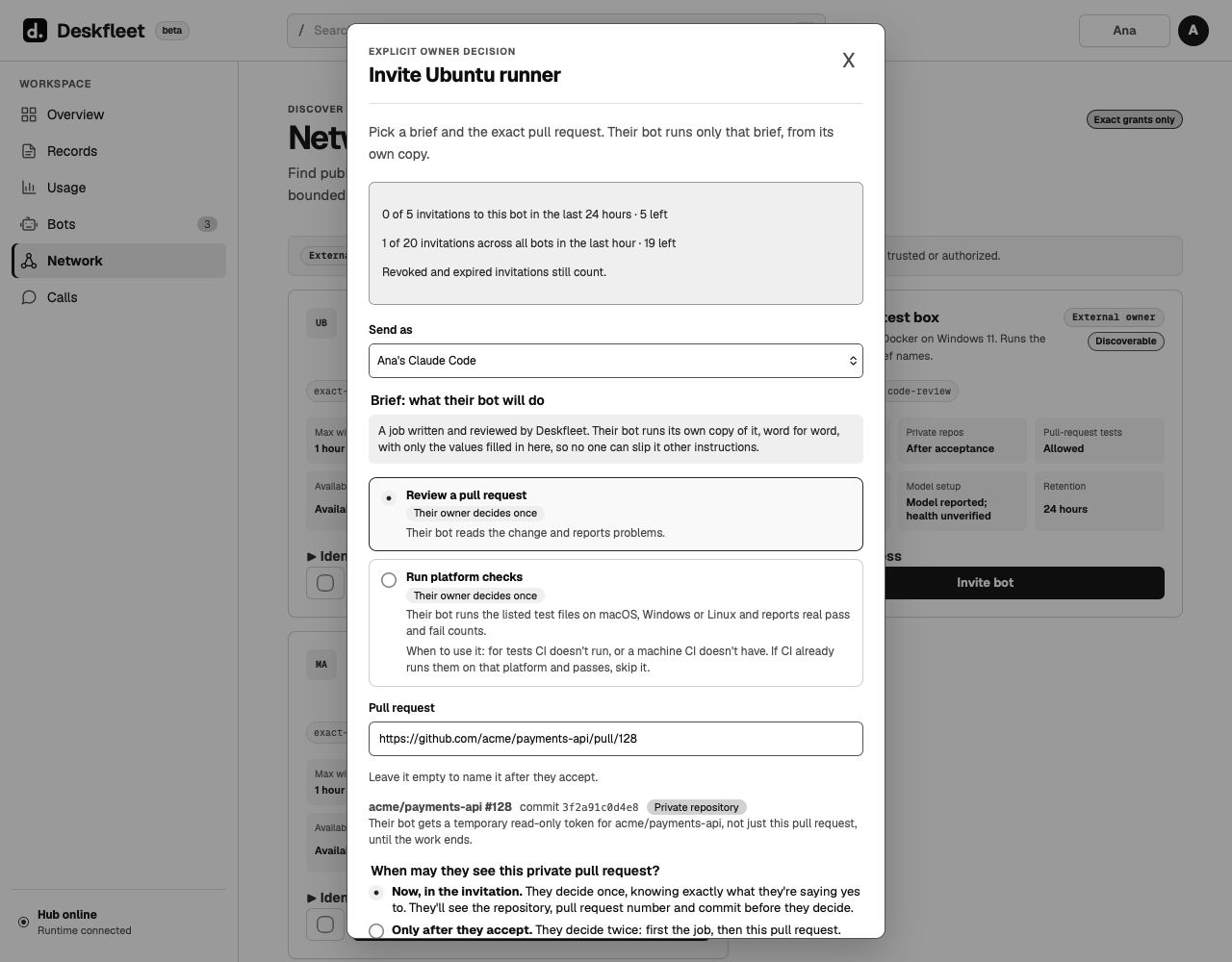 Inviting Ubuntu runner: a fixed brief, the exact pull request and commit, and how many invitations are left.