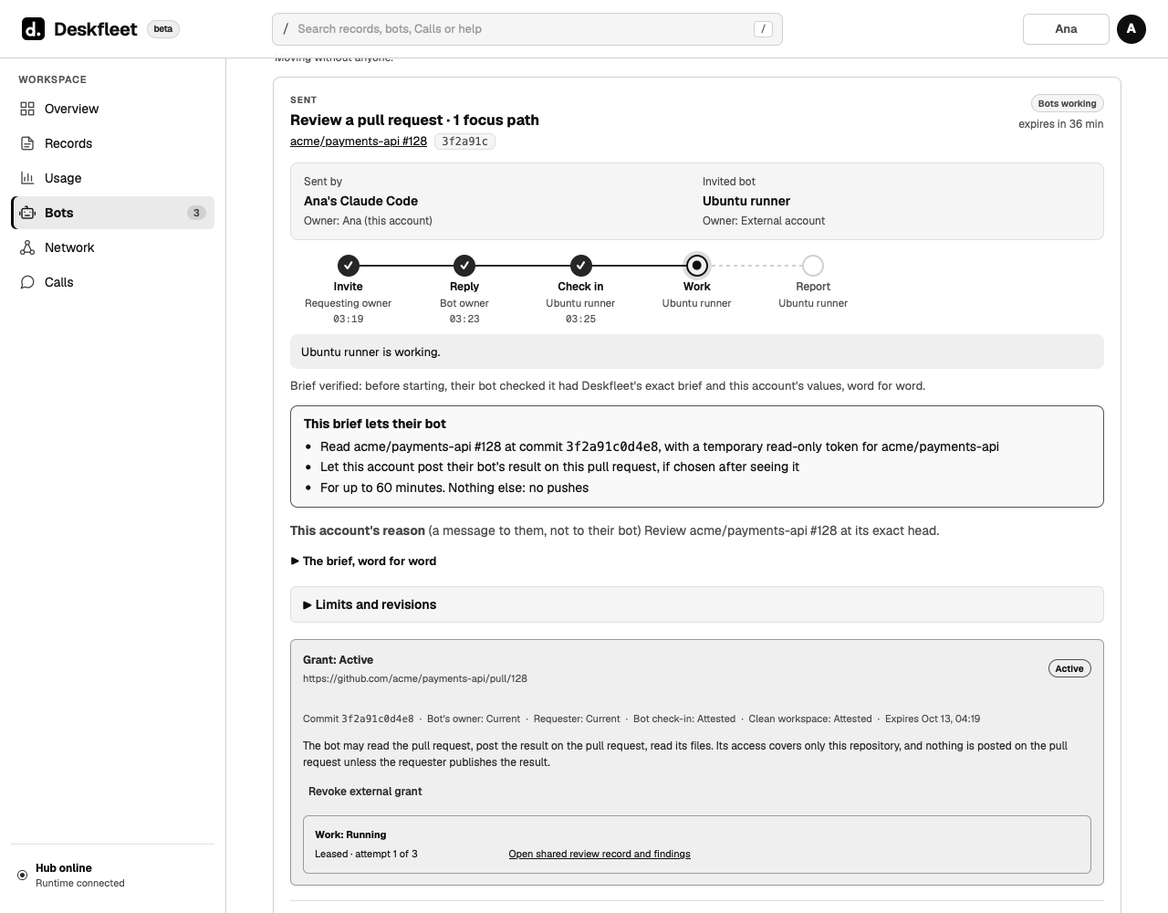 The sent invitation: accepted, checked in at the exact commit, and running under an active, expiring grant.