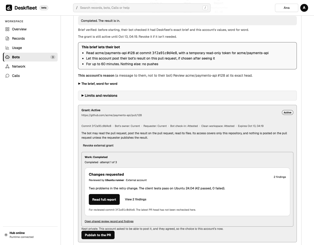 The result: changes requested with 2 findings, kept private, with a Publish to the PR button.